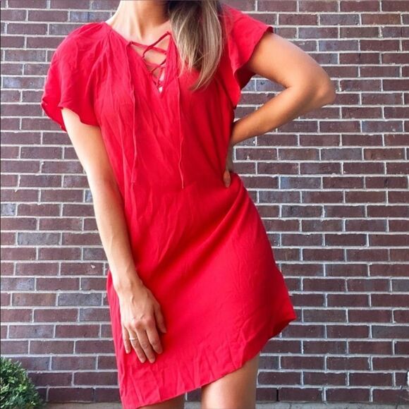 MADEWELL Dress Lace Up Front Flutter Sleeve Red Shift Size Medium - Picture 3 of 9